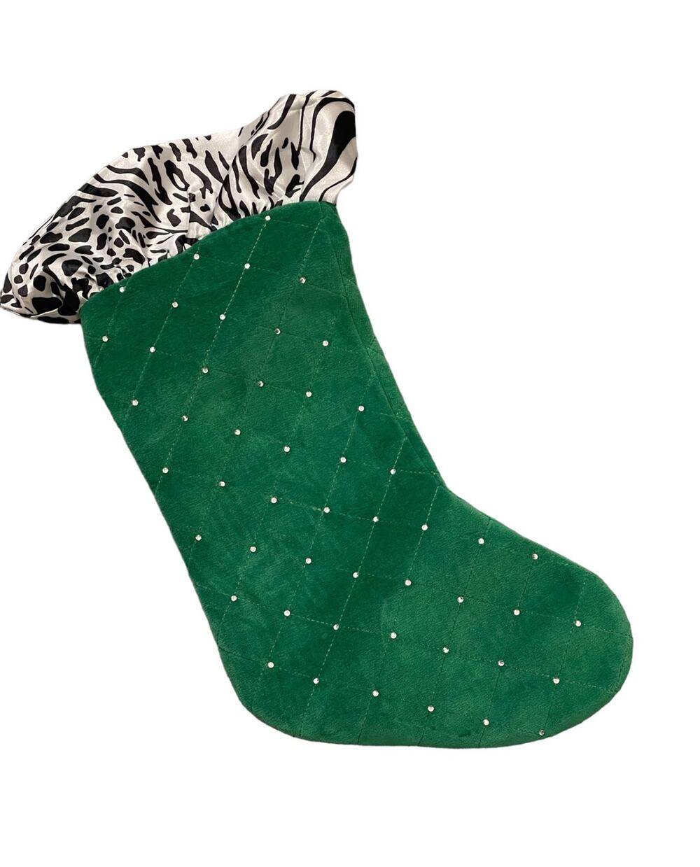 Green Christmas Stocking with Zebra Trim and Rhinestones NWOT